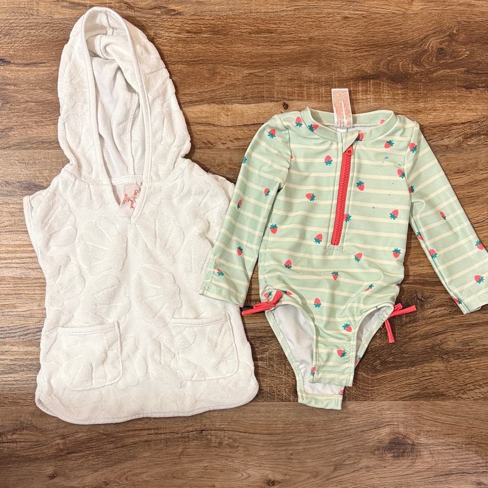 Baby Girls White Terry Bathing Suit Cover & Strawberry Print rash guard - 12M